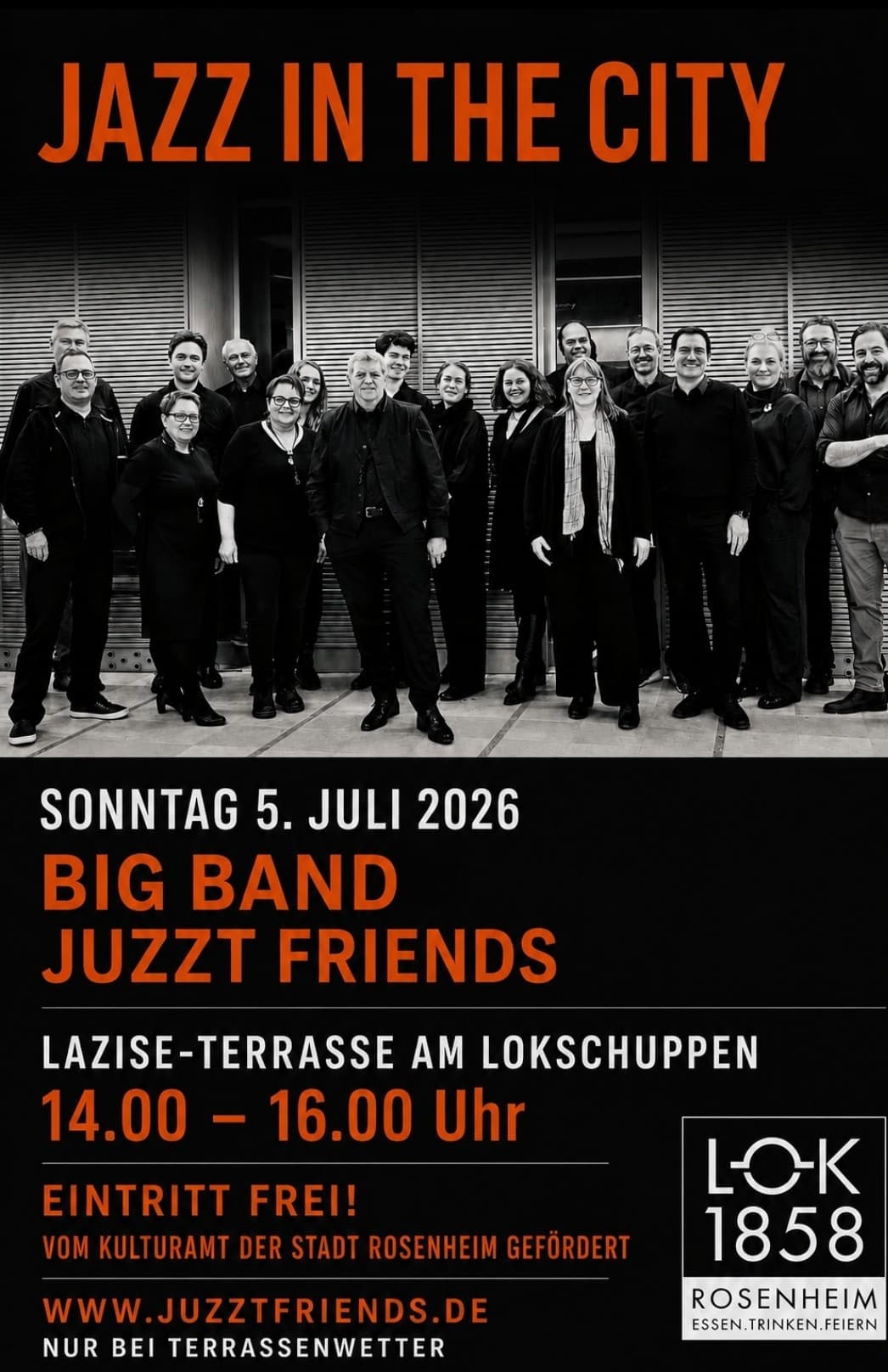 Ankündigungsplakat für Jazz in the City am Laziseplatz vor dem Lokschuppen Rosenheim